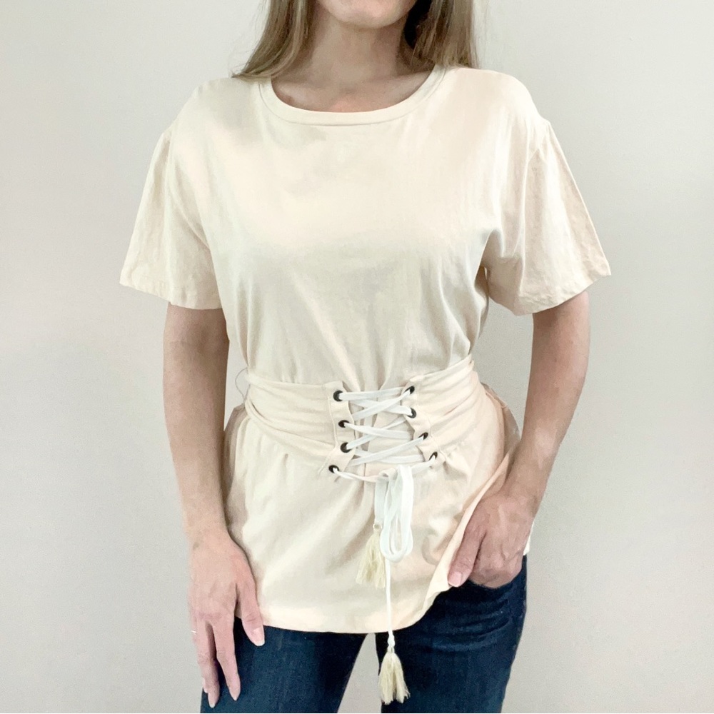 Corset Style Alt Girl Lace Belted cream tee size Medium